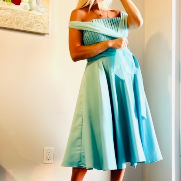 New adorable silk summer party dress Mori Lee turquoise color - Picture 4 of 8